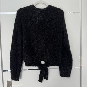 Black Fuzzy Sweater with Tie Detail